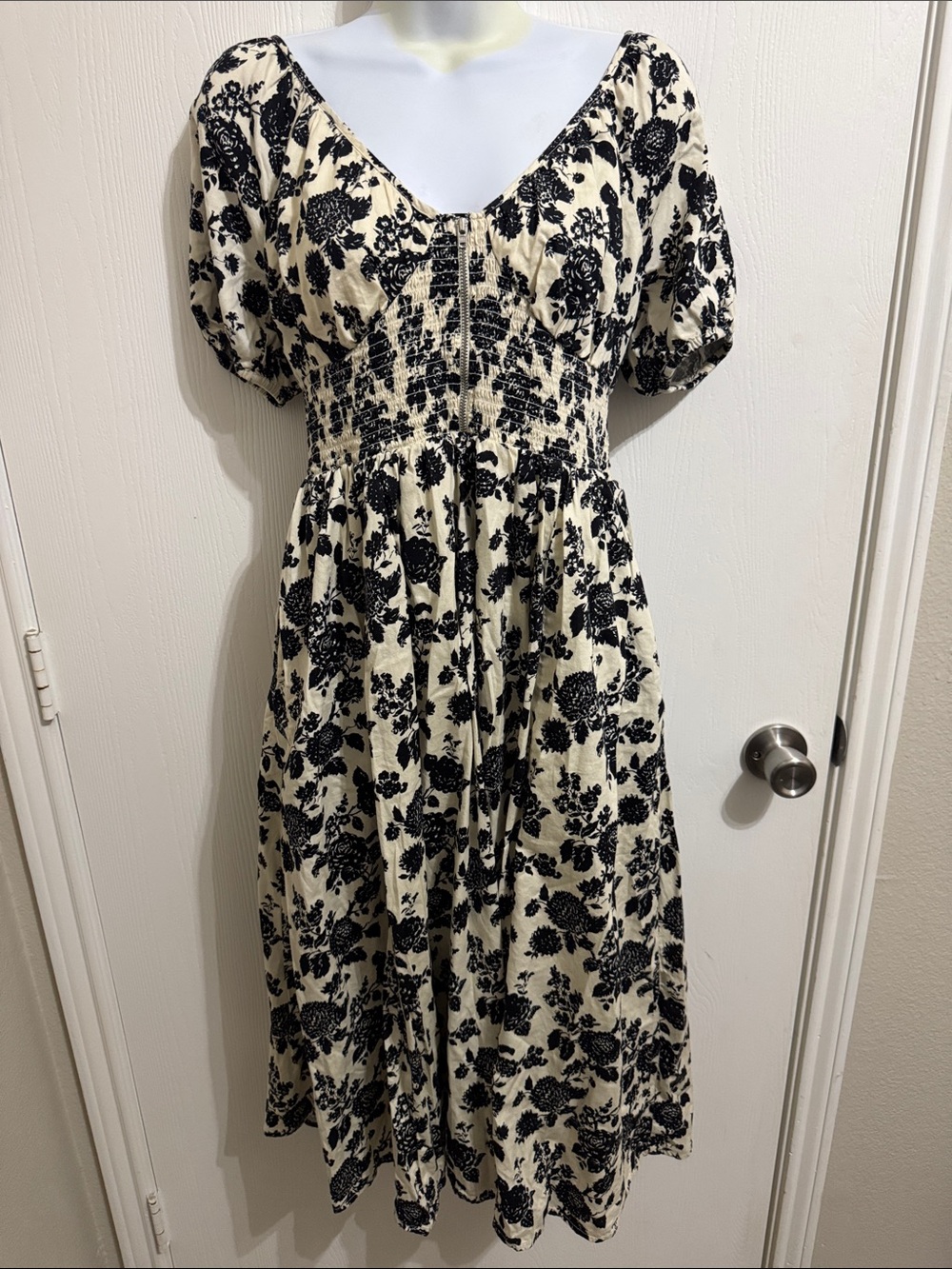 The‎ Drop Daksha Cotton Smocked Zipper Detail Dress Black White Floral Women's S